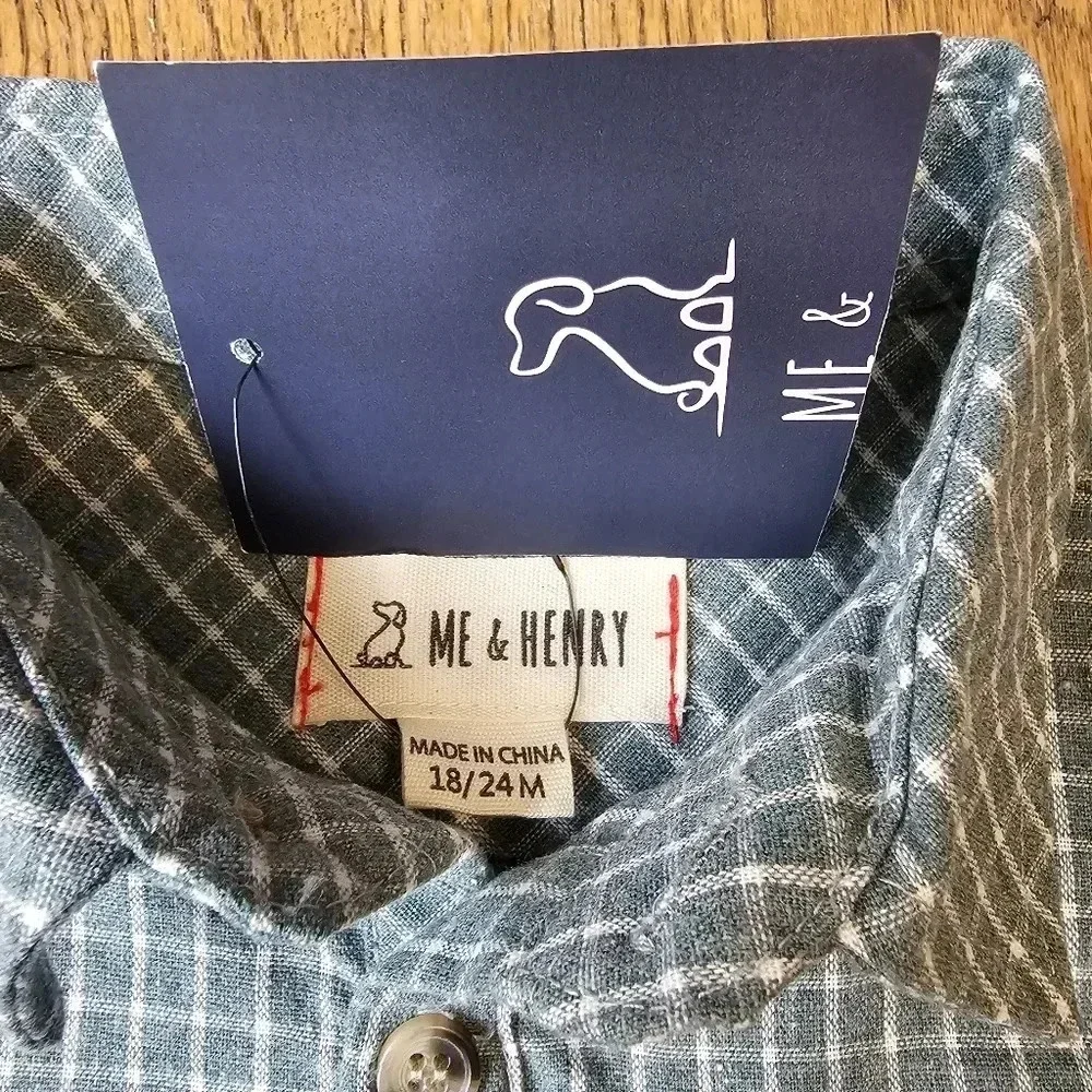 Me & Henry Long sleeve woven shirt onsie size 18-24M